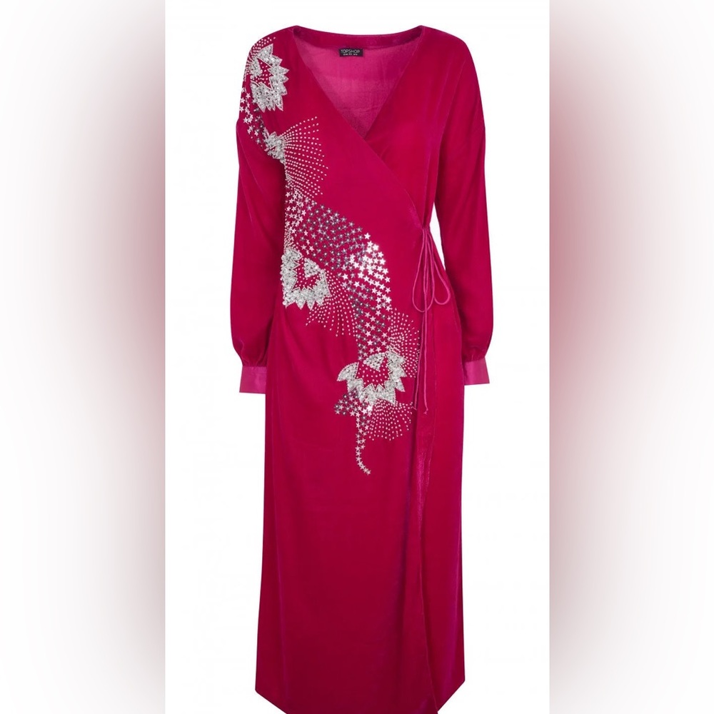 NWT!!! TOPSHOP Fuchsia Velvet Embellished Wrap Dress - size US 6
